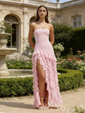 Pink Strapless Prom Dress with Tiered Ruffle Asymmetric Skirt and High Slit Hi-Lo Hem