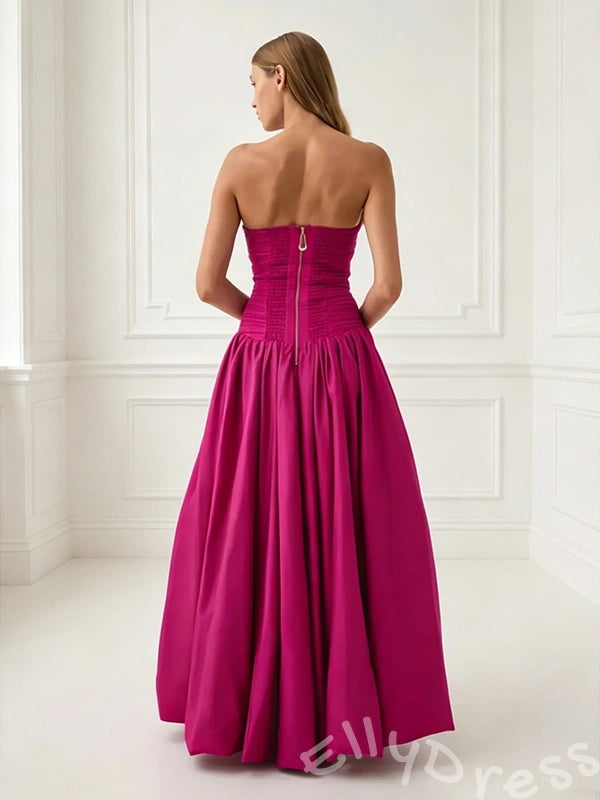 Fuchsia Strapless Straight Neck Satin Vertical Ruched Bodice Oversized A-Line Ball Gown Prom Dress with Drop Waist Front High Slit and Minimalist French Style
