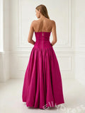Fuchsia Strapless Straight Neck Satin Vertical Ruched Bodice Oversized A-Line Ball Gown Prom Dress with Drop Waist Front High Slit and Minimalist French Style