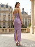 Lilac Strapless Straight Neck Full Sequin Embroidered Sheath Prom Dress with Satin Ruched Bust Corset Lace-Up Back and Back Slit Tea Length