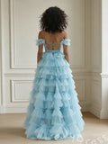 Ice Blue Off-Shoulder Feather Sheer Corset Tiered Tulle Prom Dress with Eight-Layer Ruffles High Slit and Lace-Up Back