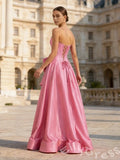 Barbie Pink Strapless Sweetheart Satin A-Line Ball Gown Prom Dress with Pleated Corset Bodice Pearl Beaded Neckline Oversized Bow Waist and Lace-Up Back