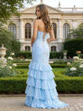 Sky Blue Strapless Mermaid Prom Dress with Layered Ruffle Hem Lace-Up Back and High Slit