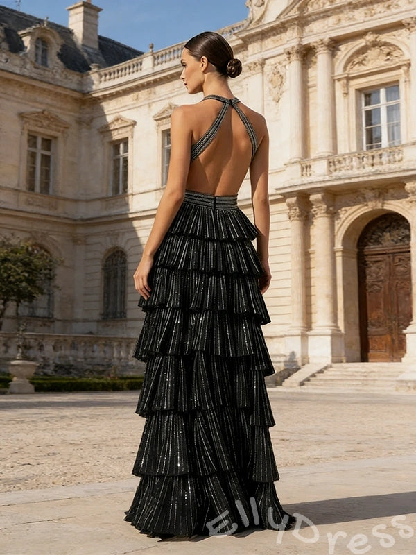 Black Glitter Halter Deep V-Neck Tiered Cake Skirt Prom Dress with Crossover Cutout Waist High Slit and Open Back