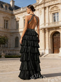 Black Glitter Halter Deep V-Neck Tiered Cake Skirt Prom Dress with Crossover Cutout Waist High Slit and Open Back