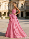 Barbie Pink Strapless Sweetheart Satin A-Line Ball Gown Prom Dress with Pleated Corset Bodice Pearl Beaded Neckline Oversized Bow Waist and Lace-Up Back