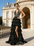 Black Glitter Halter Deep V-Neck Tiered Cake Skirt Prom Dress with Crossover Cutout Waist High Slit and Open Back
