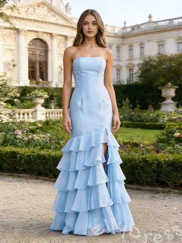 Sky Blue Strapless Mermaid Prom Dress with Layered Ruffle Hem Lace-Up Back and High Slit