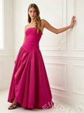 Fuchsia Strapless Straight Neck Satin Vertical Ruched Bodice Oversized A-Line Ball Gown Prom Dress with Drop Waist Front High Slit and Minimalist French Style