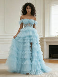 Ice Blue Off-Shoulder Feather Sheer Corset Tiered Tulle Prom Dress with Eight-Layer Ruffles High Slit and Lace-Up Back