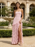 Pink Strapless Prom Dress with Tiered Ruffle Asymmetric Skirt and High Slit Hi-Lo Hem