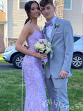 Lavender Spaghetti Strap Square Neck Full Floral Lace Embroidered Fitted Mermaid Prom Dress with White Lace Overlay Lace-Up Corset Back and Sweep Train