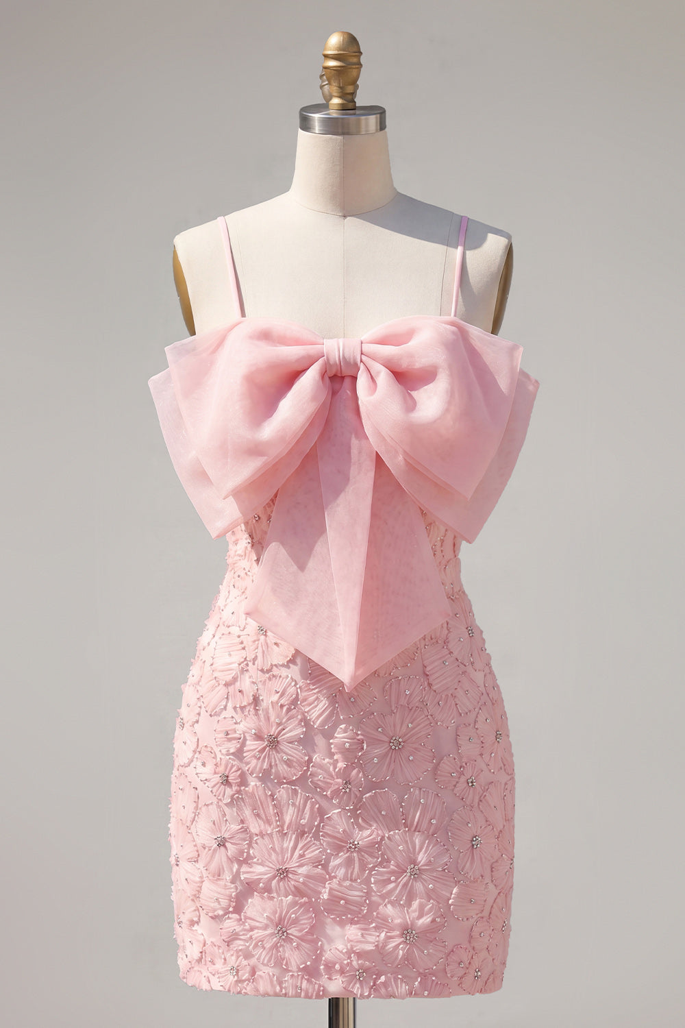 Sparkly Pink Pearls Spaghetti Straps Homecoming Dress with Bow