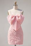 Sparkly Pink Pearls Spaghetti Straps Homecoming Dress with Bow