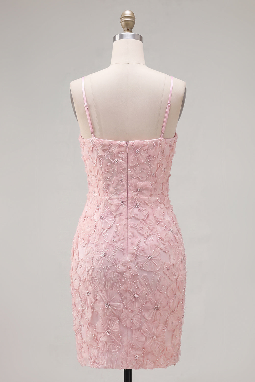 Sparkly Pink Pearls Spaghetti Straps Homecoming Dress with Bow