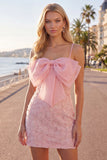 Sparkly Pink Pearls Spaghetti Straps Homecoming Dress with Bow