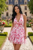Pink Floral Halter Lace-Up Back Tiered Ruffle Homecoming Mini Dress