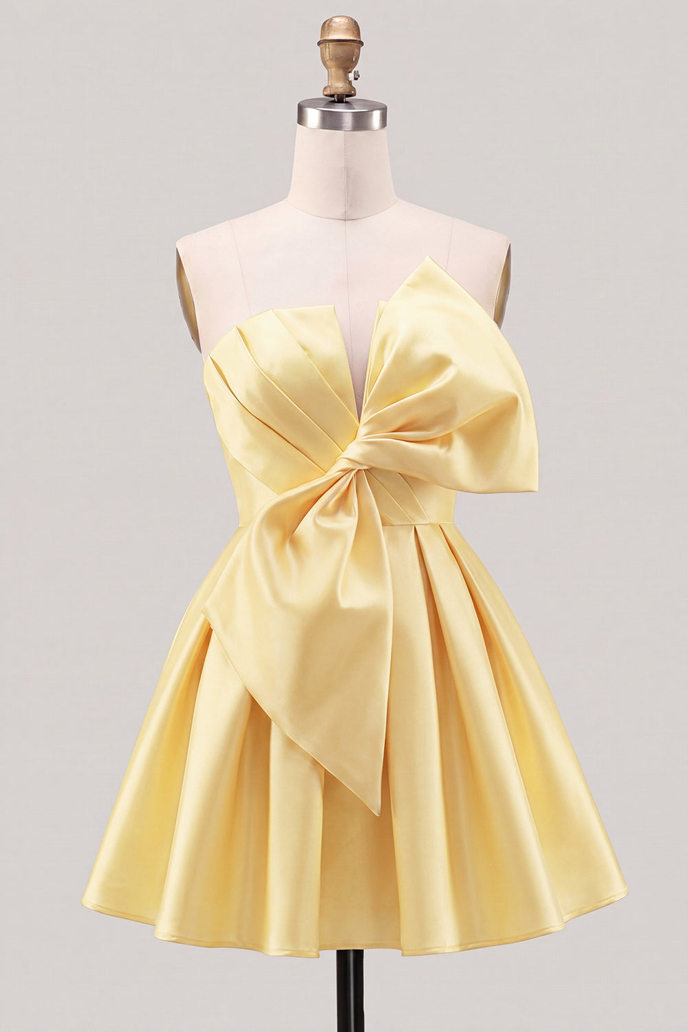 Yellow Bow Strapless Lace-Up Back A-Line Homecoming Satin Mini Dress