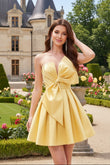 Yellow Bow Strapless Lace-Up Back A-Line Homecoming Satin Mini Dress