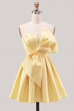 Yellow Bow Strapless Lace-Up Back A-Line Homecoming Satin Mini Dress