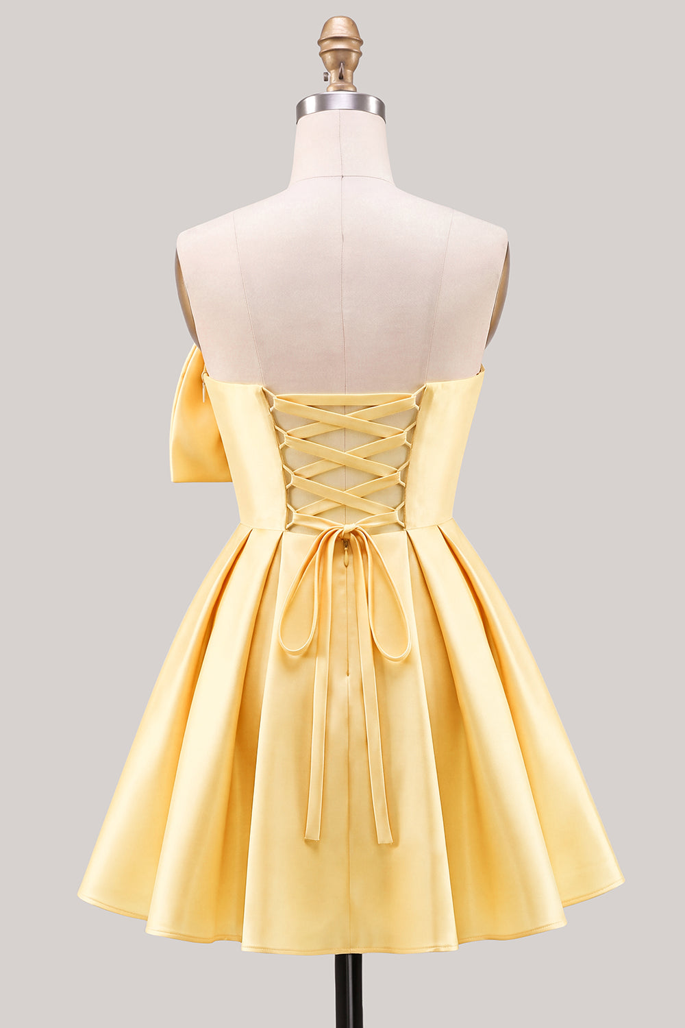 Yellow Bow Strapless Lace-Up Back A-Line Homecoming Satin Mini Dress