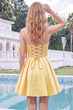 Yellow Bow Strapless Lace-Up Back A-Line Homecoming Satin Mini Dress