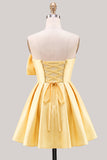 Yellow Bow Strapless Lace-Up Back A-Line Homecoming Satin Mini Dress