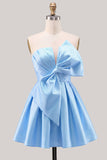 Yellow Bow Strapless Lace-Up Back A-Line Homecoming Satin Mini Dress