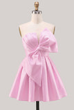Yellow Bow Strapless Lace-Up Back A-Line Homecoming Satin Mini Dress