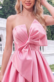 Yellow Bow Strapless Lace-Up Back A-Line Homecoming Satin Mini Dress