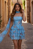 Yellow Floral Strapless Tiered Ruffle Homecoming Mini Dress
