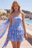 Yellow Floral Strapless Tiered Ruffle Homecoming Mini Dress