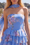 Yellow Floral Strapless Tiered Ruffle Homecoming Mini Dress
