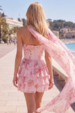 Yellow Floral Strapless Tiered Ruffle Homecoming Mini Dress