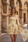 Yellow Floral Strapless Tiered Ruffle Homecoming Mini Dress