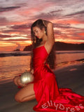 Burgundy Spaghetti Strap V-Neck Satin Sheath Prom Dress with Ruched Waist Asymmetric Ruffle High Slit and Lace-Up Back