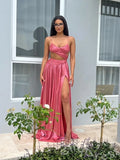 Hot Pink Spaghetti Strap Surplice V-Neck Metallic Pleated A-Line Prom Dress with Cutout Waist Side Cutouts and Lace-Up Back