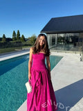 Fuchsia Strapless Straight Neck Satin Vertical Ruched Bodice Oversized A-Line Ball Gown Prom Dress with Drop Waist Front High Slit and Minimalist French Style