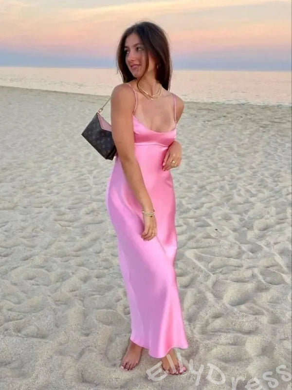 Simple Blush Pink Satin Spaghetti Straps Mermaid Prom Dress With Lace-up