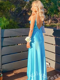 Tiffany Blue Spaghetti Strap Cowl Neck Satin Sheath Prom Dress with Draped Bust Side High Slit and Open Low Back