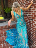 Fuchsia Magenta Wide Strap Deep V-Neck Full Sequin Embroidered Mermaid Prom Dress with Tropical Leaf Pattern Iridescent Multi-Color Shimmer Open Back and Sweep Train