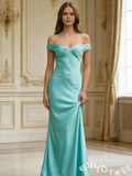 Simple Teal Mermaid Off-Shoulder Long Prom Dress With Open Back