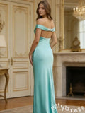 Simple Teal Mermaid Off-Shoulder Long Prom Dress With Open Back