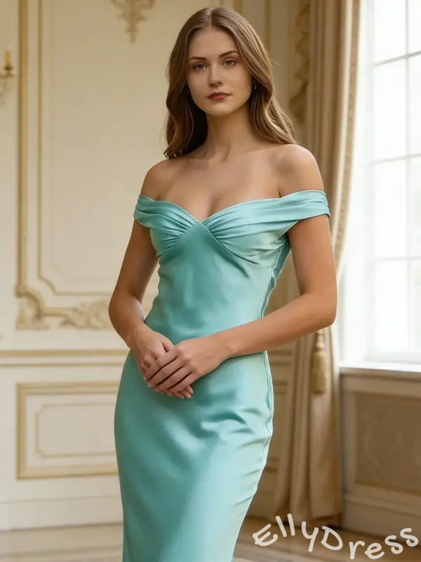 Simple Teal Mermaid Off-Shoulder Long Prom Dress With Open Back