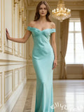 Simple Teal Mermaid Off-Shoulder Long Prom Dress With Open Back
