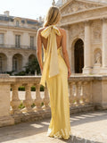 Yellow Cross Halter Neck Satin Sheath Prom Dress with Open Back and Large Bow