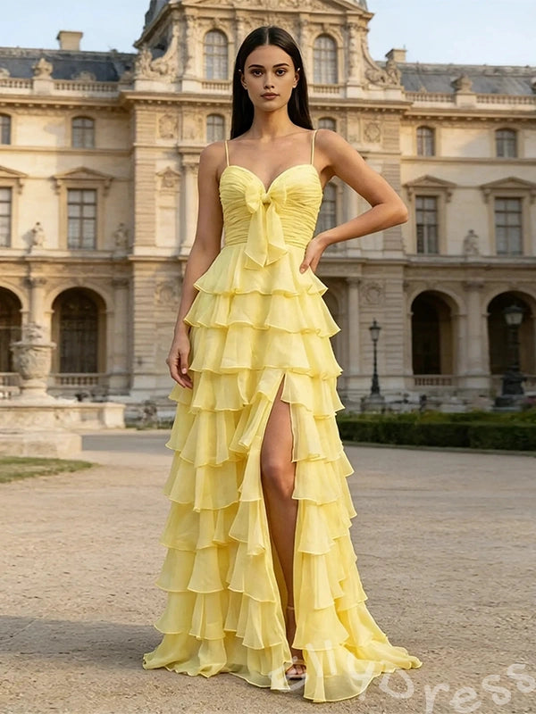 Yellow Spaghetti Strap Sweetheart A-Line Prom Dress with Layered Ruffles Bow Front Lace-Up Back and High Slit