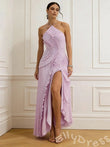Lilac Halter Asymmetric One Shoulder Pleated Chiffon A-Line Prom Dress with Diagonal Spiral Ruffles High Slit and Open Back