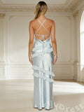 Spaghetti Strap V-Neck Satin Prom Dress with Spiral Tiered Ruffles Open Back and Criss Cross Lace-Up