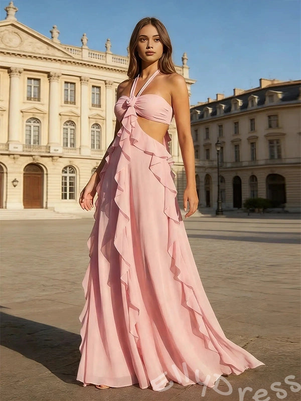 Blush Pink Halter Chiffon A-Line Prom Dress with Twist Flower Bust Cutout Waist Cascading Side Ruffles and Open Back Bow Tie